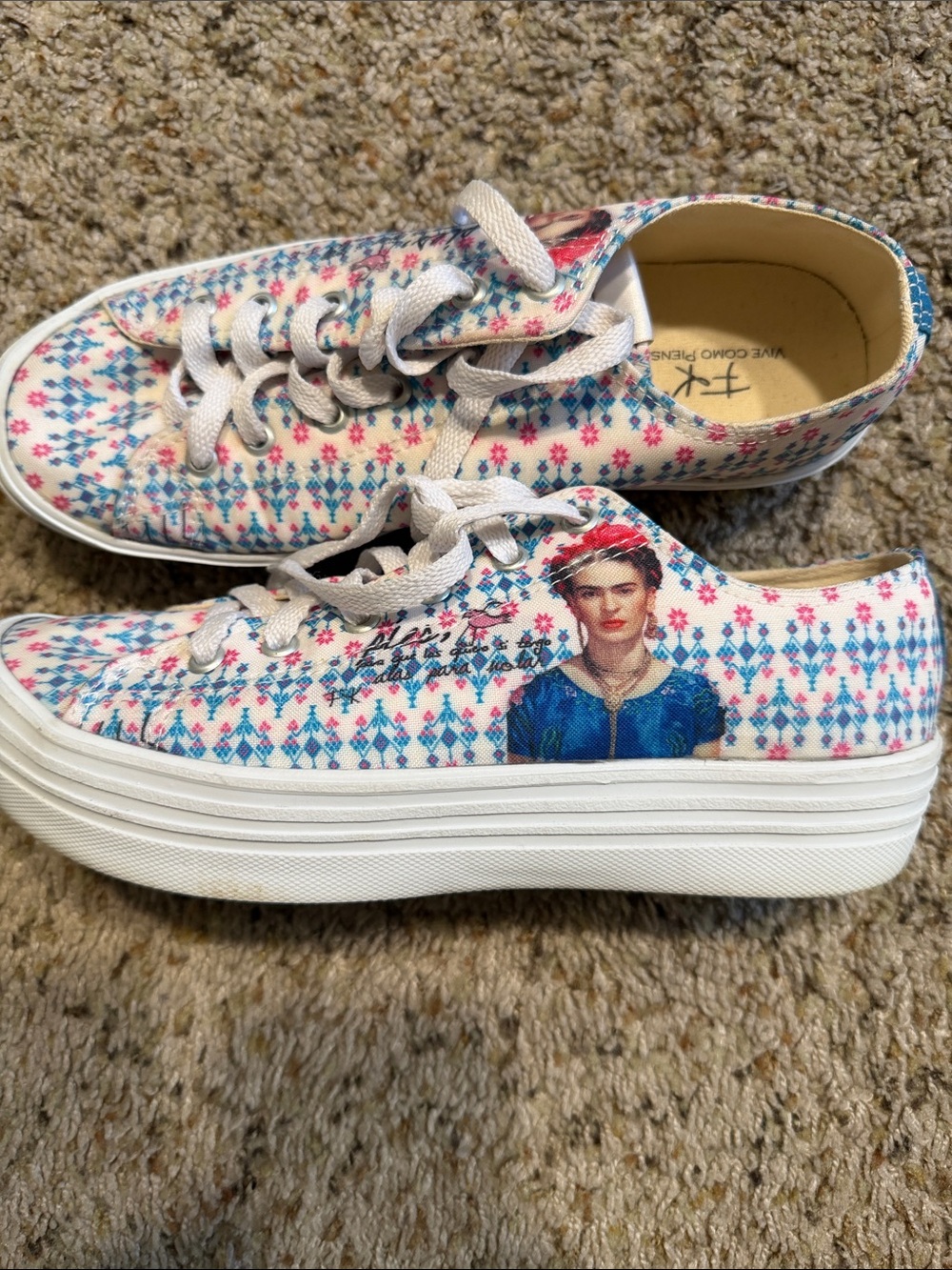 Women's Platform Canvas Lace-Up Sneakers - White with Pink & Blue Floral Pattern